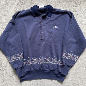 Vintage 90s Artisan Collared Sweatshirt Grandmacore Floral Print Buttons Navy